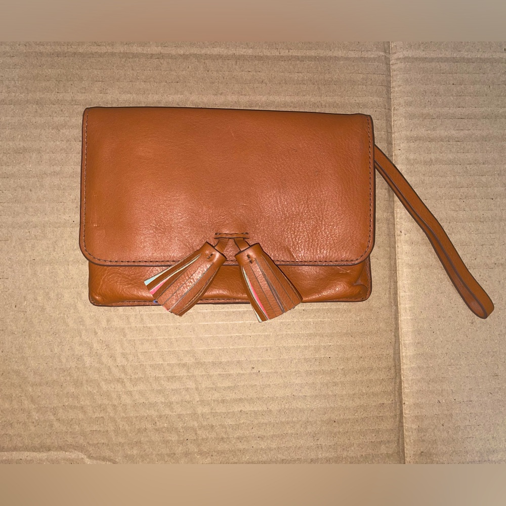 Fossil Wristlet Wallet Brown Cowhide Leather with Multicolored Leather Tassels